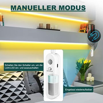 Enteenly Led Band mit Bewegungsmelder Innen Batterie, Led Strip Bewegungsmelder, Wiederaufladbar Kleiderschrank Beleuchtung, fur Treppen, Babyzimmer, Küche, 60 Led, 2M * 2 Pack, Warmweiß 2700K - 4