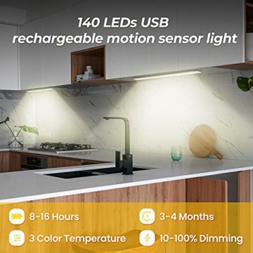 GMEKA Unterbauleuchte küche 140 LEDs, 280lm Schrankbeleuchtung Nachtlicht mit Bewegungsmelder, 3 Farbmodi Wiederaufladbare Dimmbar Beleuchtung LED leiste, für Küche, Schrank, Kleiderschrank, Treppe - 2