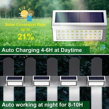 JSOT 6 Stück 30 LED Solarlampen Wandleuchten Wegeleuchten Gehäuse aus Edelstahl Lampe Solarleuchten IP55 Wasserdicht 1600mAh Für Zaun Straße Garten Treppen Terrasse Hof Parkplatz (Weißes Licht) - 2