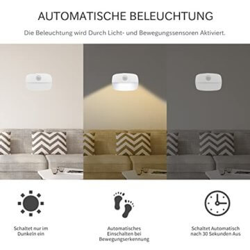 LED Nachtlicht mit Bewegungsmelder, 8 Stück Kleines Nachtlicht Kinder, Treppenbeleuchtung mit Bewegungsmelder innen Batterie, Auto EIN/AUS Sensor Licht Für Flur, Bad, Schlafzimmer,Toilettenlicht - 3