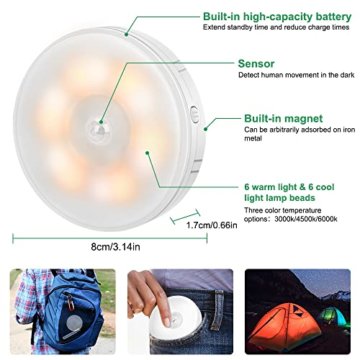 Nachtlicht mit Bewegungsmelder USB Wiederaufladbar, 6 Stück Lampe mit Bewegungsmeld Innen Batterie, Warmlicht/Weißlicht /Neutrales Licht, für Treppenlich Kinderzimmer, Schlafzimmer, Schrank ,Küche - 3
