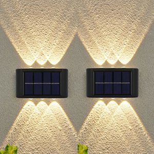Solar LED Wandleuchte Up & Down Light Dekorative LED Wandbeleuchtung 6 LEDs Wasserdicht Wandlampen im Innen und Außenbereich, 2 Stück, Warm Weiß - 1