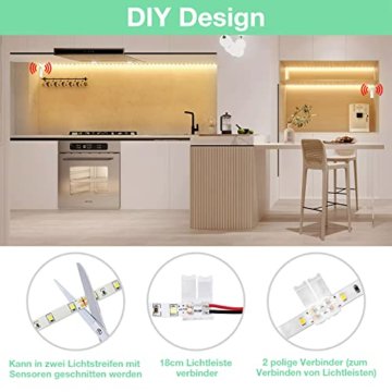 WOBANE Treppenbeleuchtung mit 2 Bewegungsmelder,5m LED Band Wiederaufladbar,Flexibel LED Streifen mit Akku,LED Sensor Licht,Warmweiß LED Nachtlicht für Flur,Küche,Schrank,Bett,Schlafzimmer,2700K - 4