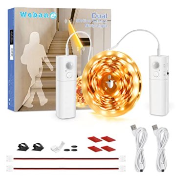 WOBANE Treppenbeleuchtung mit 2 Bewegungsmelder,5m LED Band Wiederaufladbar,Flexibel LED Streifen mit Akku,LED Sensor Licht,Warmweiß LED Nachtlicht für Flur,Küche,Schrank,Bett,Schlafzimmer,2700K - 1