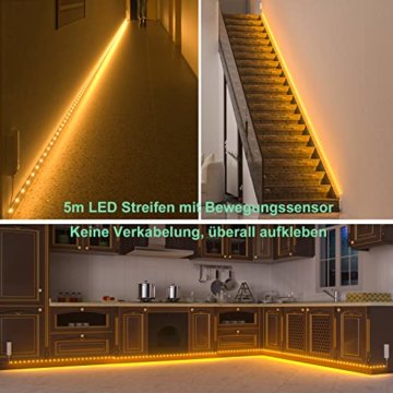 WOBANE Treppenbeleuchtung mit 2 Bewegungsmelder,5m LED Band Wiederaufladbar,Flexibel LED Streifen mit Akku,LED Sensor Licht,Warmweiß LED Nachtlicht für Flur,Küche,Schrank,Bett,Schlafzimmer,2700K - 7