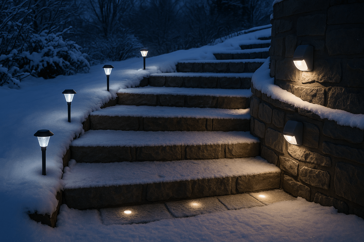 Außentreppe mit LED-Beleuchtung im Winter